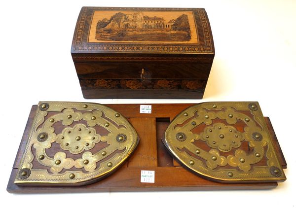 A Victorian Tunbridge ware box, the rectangular dome lid depicting Tonbridge Castle, 21cm wide, together with a Victorian Gothic Revival extending boo