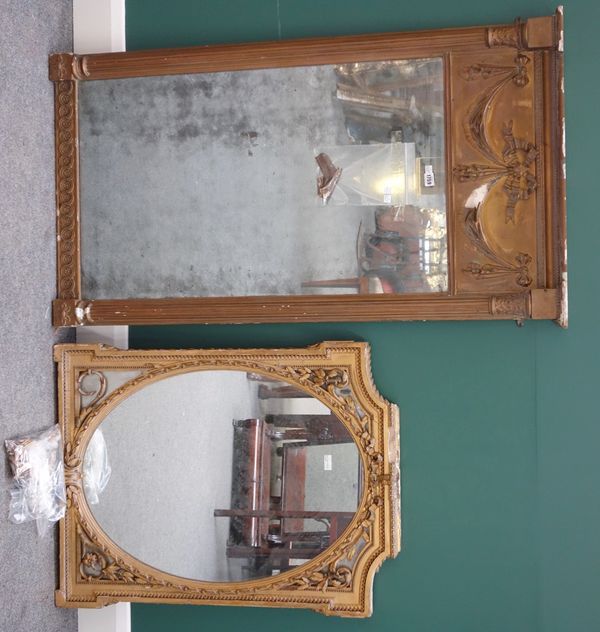 A 19th century gilt framed wall mirror with swag mounted upper frieze, 75cm wide x 130cm high, together with another similar, 68cm wide x 89cm high (2