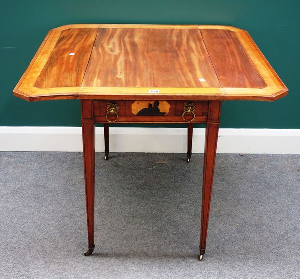 A George III satinwood banded mahogany Pembroke table, with single frieze drawer, on tapering square supports, 82cm wide.