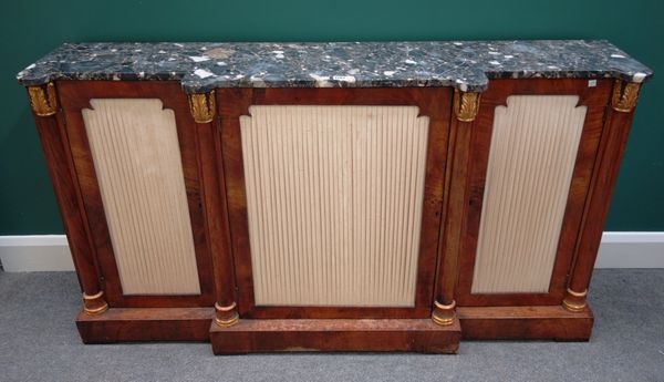 A 19th century breakfront side cabinet, the marble top over three doors divided by gilt capped split turned columns, on plinth base, 153cm wide.