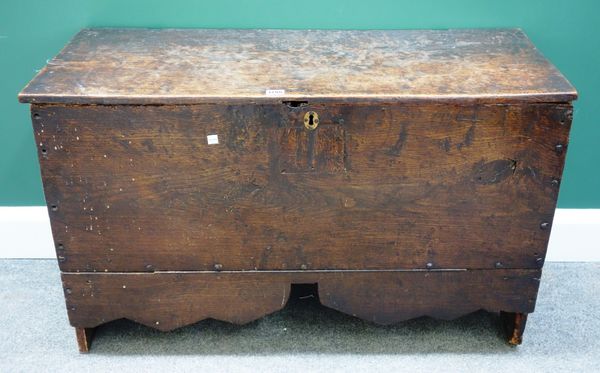 A 17th century and later oak five plank coffer, later converted, 95cm wide.