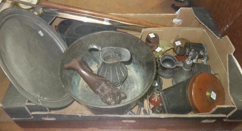 A quantity of collectables, including an AA brass cased tape measure, a bronze bowl on three feet, pewter items, a Black Forest bear, nutcracker and s