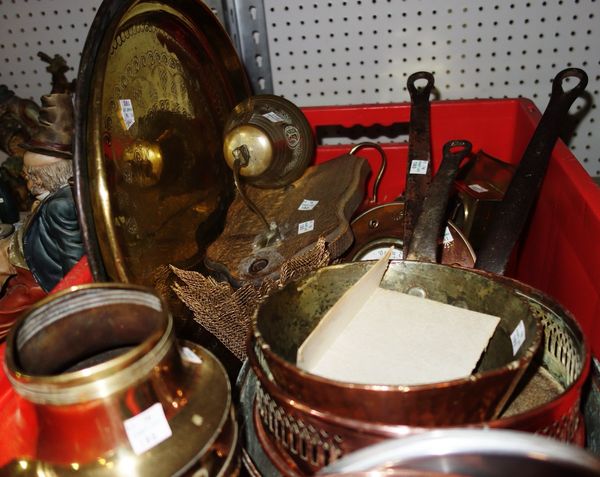 A quantity of copper and brass including copper saucepan, brass trays, copper barometer and sundry.   S2M