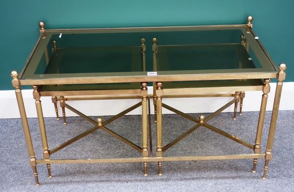 A 20th century lacquered brass and glass rectangular coffee table, with ball finials on reeded supports, 90cm wide, together with a matching pair of s