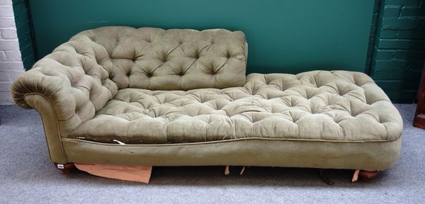 A deep seated 19th century button back Chesterfield style day bed, on mahogany bun feet, 205cm wide.