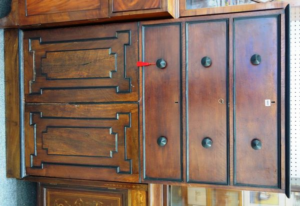 A 19th century mahogany upside down linen press, with three drawers over a pair of geometric moulded cupboards, on plinth base, 92cm wide x 165cm high