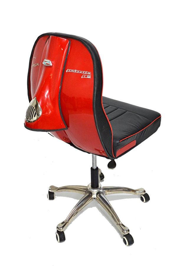 'Lambretta'; a 20th century swivel chair, the back mounted with the front fairing of a Lambretta 150 Special, on a five point base. Illustrated.