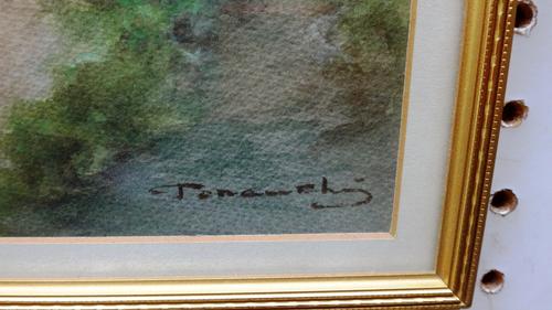 An 18th century North Italian footstool, the canted rectangular top on four polychrome painted scroll supports, 76cm wide.