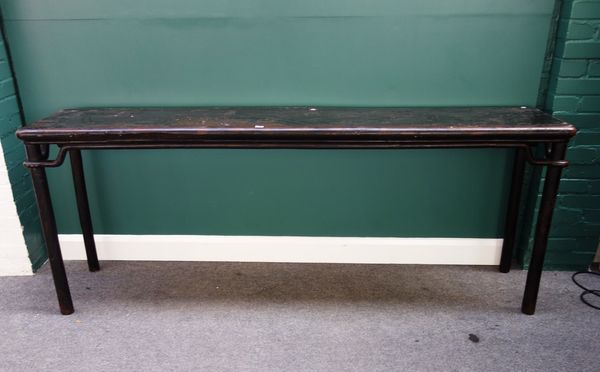 A 19th century black lacquer hardwood rectangular altar table, on turned supports, 220cm wide.