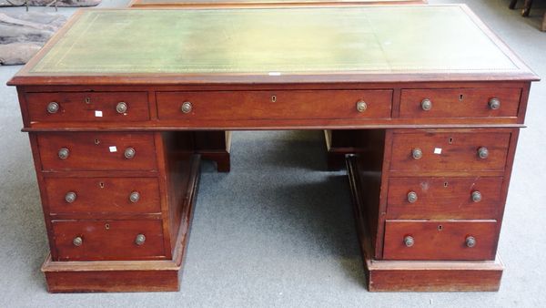 A Victorian mahogany pedestal desk with nine drawers about the knee on plinth base, 152cm wide. Property from the estates of the late Adrian Stanford