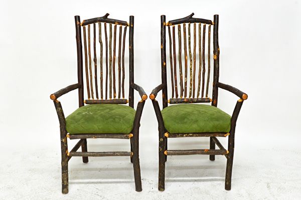 'Flat Rock Furniture Inc, Waldron, Indiana'; a set of ten 20th century hickory framed dining chairs of naturalistic rustic form, to include a pair of