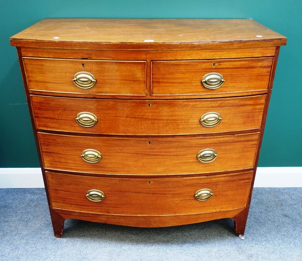 A mid-19th century mahogany bowfront chest of two short and three long graduated drawers, on bracket feet, 102cm wide.