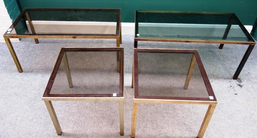 A suite of four 20th century lacquered brass coffee tables, two rectangular 90cm wide and two square, 45cm. Property from the estates of the late Adri