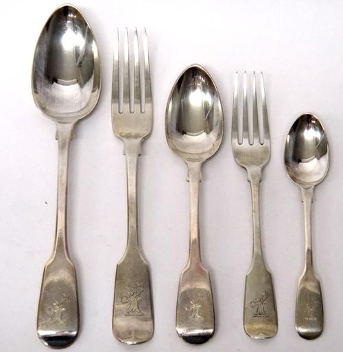 Silver fiddle pattern table flatware, comprising; seven table forks, eight tablespoons, fifteen dessert spoons, eleven dessert forks and twenty-two te