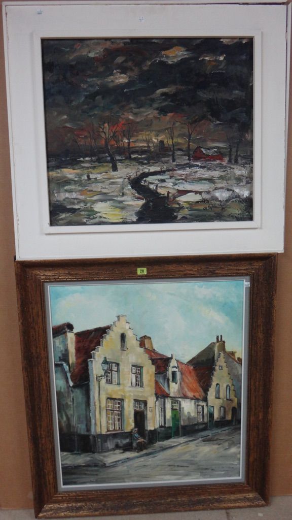 Continental School (20th century), Street scene in Old Bruges, oil on canvas, indistinctly signed and dated 1975, 79cm x 69cm.; together with a furthe