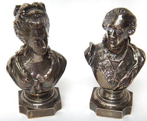 A pair of plated busts, possibly of Louis XVI and Marie Antoinette, on socle bases, height 12.5cm.   Property from the estates of the late Adrian Stan