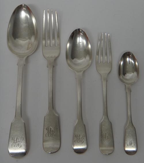 Silver fiddle pattern table flatware, comprising; twelve tablespoons, London 1829, twelve dessert spoons, London 1814, six teaspoons, London 1851, ele