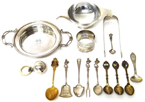 Silver and silver mounted wares, comprising; a twin handled circular quaich, Edinburgh 1968, a twin handled dish, a Victorian napkin ring, Sheffield 1
