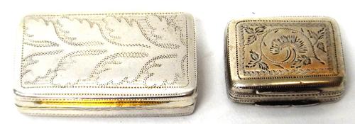 A George III silver rectangular vinaigrette, with a pierced grille, the lid with foliate engraved decoration, by Joseph Taylor,  Birmingham 1809 and a