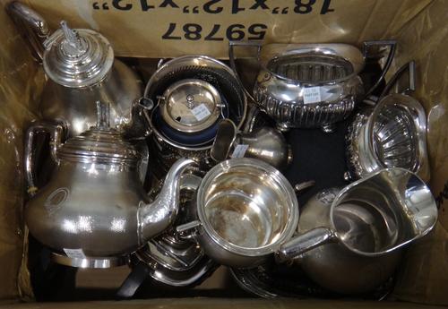 Plated wares, comprising; A Victorian five piece tea and coffee set, with castle crest motifs, comprising; a teapot, a coffee pot, a large jug, a smal