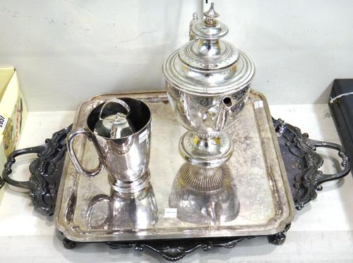 Plated wares, comprising; a shaped oval twin handled tray, raised on four scrolling feet. a square salver, raised on four corner feet, a teapot, a sau