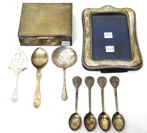 Silver and silver mounted wares, comprising; a rectangular table cigarette box, the lid engine turned, wooden lined within, Birmingham 1979, a shaped