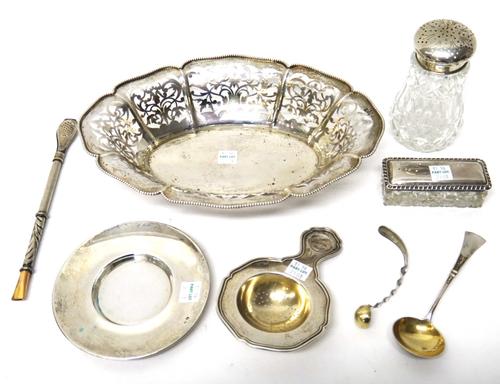 A silver lidded faceted glass rectangular dressing table box, Birmingham 1907 and mostly European 800 wares, comprising; a shaped oval dish, with pier