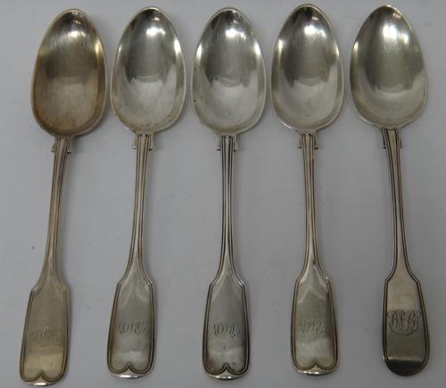 Four Scottish silver single struck fiddle and thread pattern tablespoons, Glasgow 1823, monogram engraved and another single struck fiddle and thread
