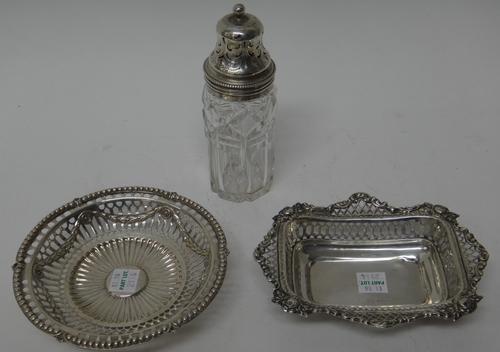 Silver and silver mounted wares, comprising; a circular bon bon dish, having pierced decoration within a shaped beaded border, maker C.S. Harris, Lond