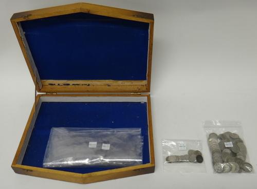 A collection of British pre-decimal, pre 1947, George V and George VI shillings and sixpences, with a box.