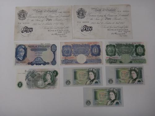 Two Bank of England white five pound notes 1944 and 1945 Peppiatt issues, another five pound note O'Brien issue and six one pound notes, various issue