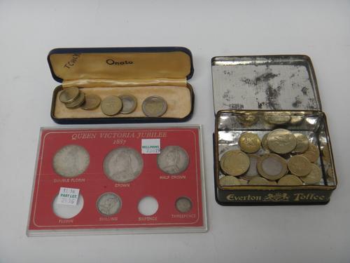 Five Victorian Jubilee head silver coins, including; a crown 1887, a double florin 1887 and a half crown 1889, also a quantity of British and foreign