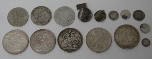Mostly British silver and other coins, comprising; five crowns, 1891, 1896, 1902, 1935 and 1953, a William and Mary half crown, 1689, a William III ha