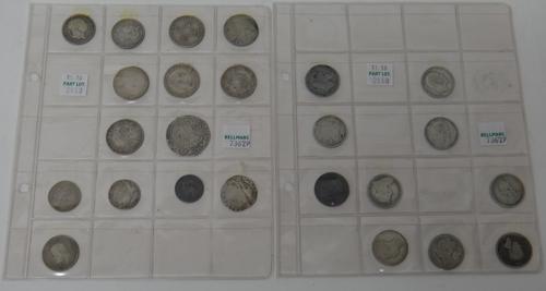 Mostly British silver coins, including; two Anne shillings, 1707 E and 1708 with roses and plumes, a George I shilling, 1723 SSC, a George II shilling