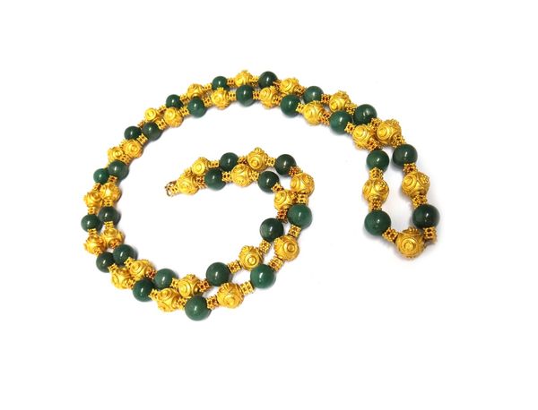 A gold bead and aventurine green bead necklace, in a classical design, with applied bead and ropetwist wirework decoration, on a boltring clasp, lengt