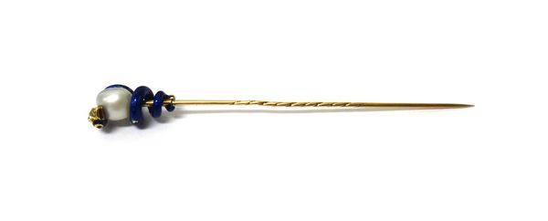 A gold, cultured pearl, diamond set and blue enamelled stick pin, designed as a snake enclosing a cultured pearl, apparently unmarked.