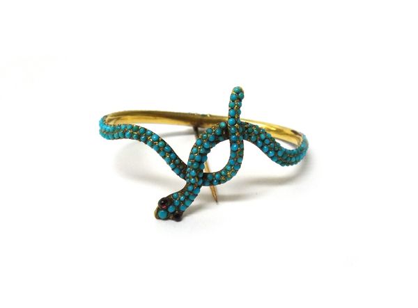 A Victorian turquoise set oval scarf pin brooch, designed as an entwined snake, with cabochon garnet set eyes, with a case.