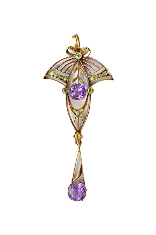 A Russian amethyst and demantoid garnet set pendant, in an Art Nouveau fanned and foliate design, detailed 56. Illustrated.