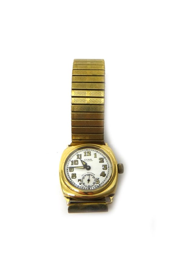 A gentleman's 9ct gold cushion shape cased Cyma Watersport wristwatch, the signed enamelled dial with Arabic numerals and with subsidiary seconds, on