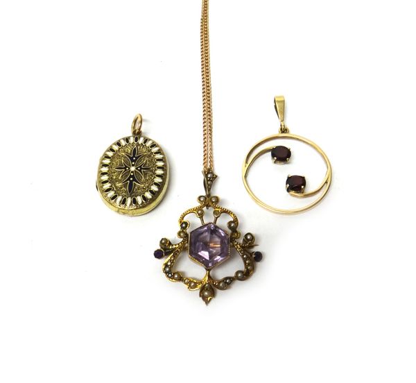 A gold, amethyst and seed pearl set pendant brooch, mounted with a hexagonal cut amethyst to the centre, on a gold curb link neckchain, with a boltrin