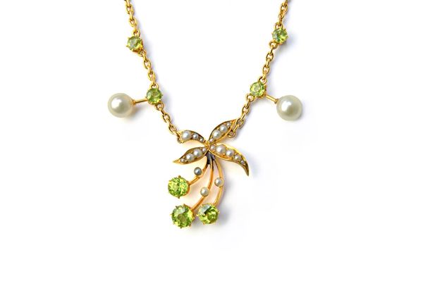 A gold, peridot, seed pearl and cultured pearl necklace, the front with a foliate spray motif, on a gold oval link chain, with a cylindrical clasp, de