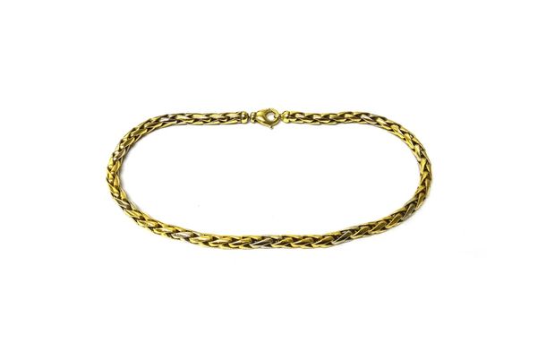 An 18ct two colour gold necklace, in an interwoven link design, on a sprung hook shaped clasp, length 42cm, weight 111 gms.