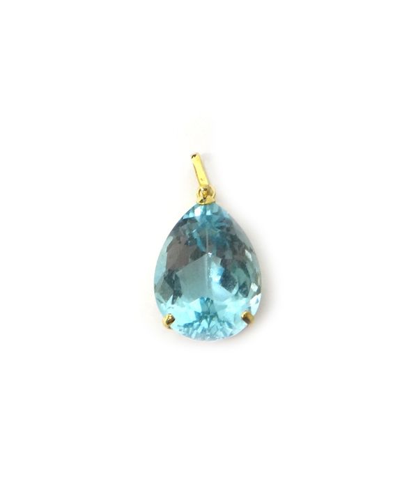 A gold pendant, mounted with a drop shaped blue topaz, the loop detailed 18 K 750.