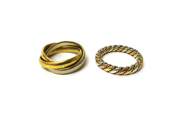 A three colour gold triple band Russian style wedding ring, detailed 750, ring size J,  weight 9.8 gms and a three colour gold band ring, in a ropetwi