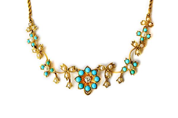 A gold, diamond, turquoise and seed pearl set necklace, circa 1900, the front with a flowerhead motif, centred by a cushion shaped diamond in a turquo