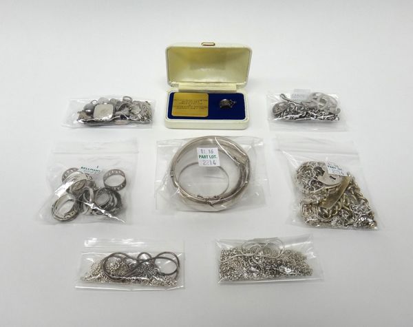 Mostly silver jewellery, comprising; three bangles, twelve neckchains, a watch Albert chain, seven bracelets, three brooches, twelve rings, seventeen