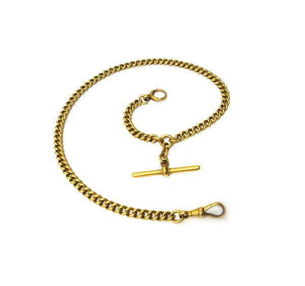 A gentleman's 18ct gold graduated curb link watch Albert chain, fitted with an 18ct gold T bar, an 18ct gold swivel and with a gold boltring, weight 4