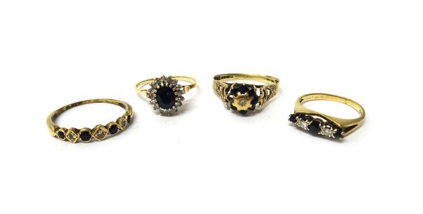 A 9ct gold, sapphire and diamond set five stone ring, a 9ct gold sapphire and diamond set seven stone half hoop ring, a 9ct gold, sapphire and diamond