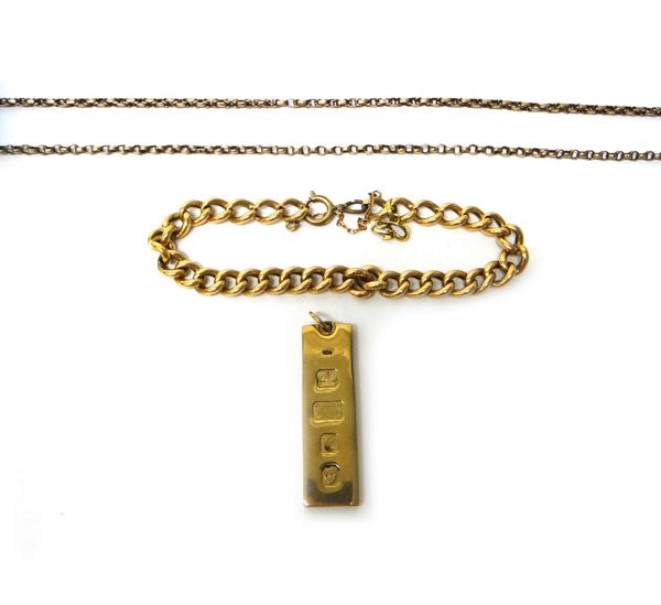 A 9ct gold rectangular ingot shaped pendant, a gold hollow curb link bracelet, with a base metal boltring clasp and two gold neckchains, combined gros