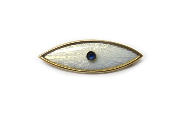 A Russian gold, cabochon sapphire and pale blue enamelled oval brooch, centred by a cabochon sapphire, on a pale blue enamelled ground, detailed 56 M